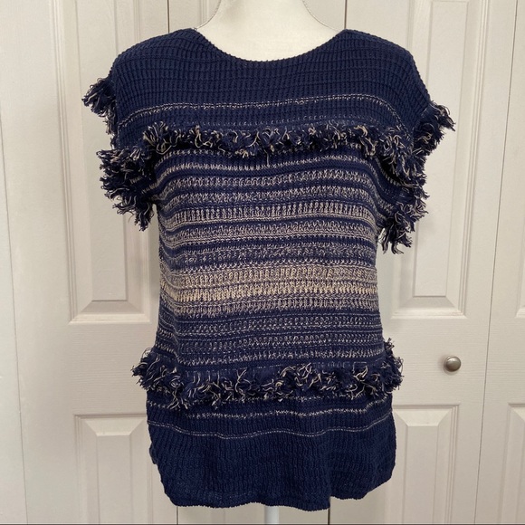 Dana Buchman | Navy Blue and Beige Shaggy Sweater - Picture 1 of 6